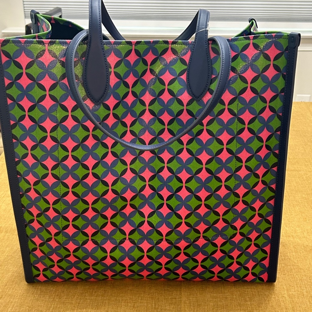 Kate Spade New York Tote Bag‎ Geometric Print Navy Pink Green Leather Trim